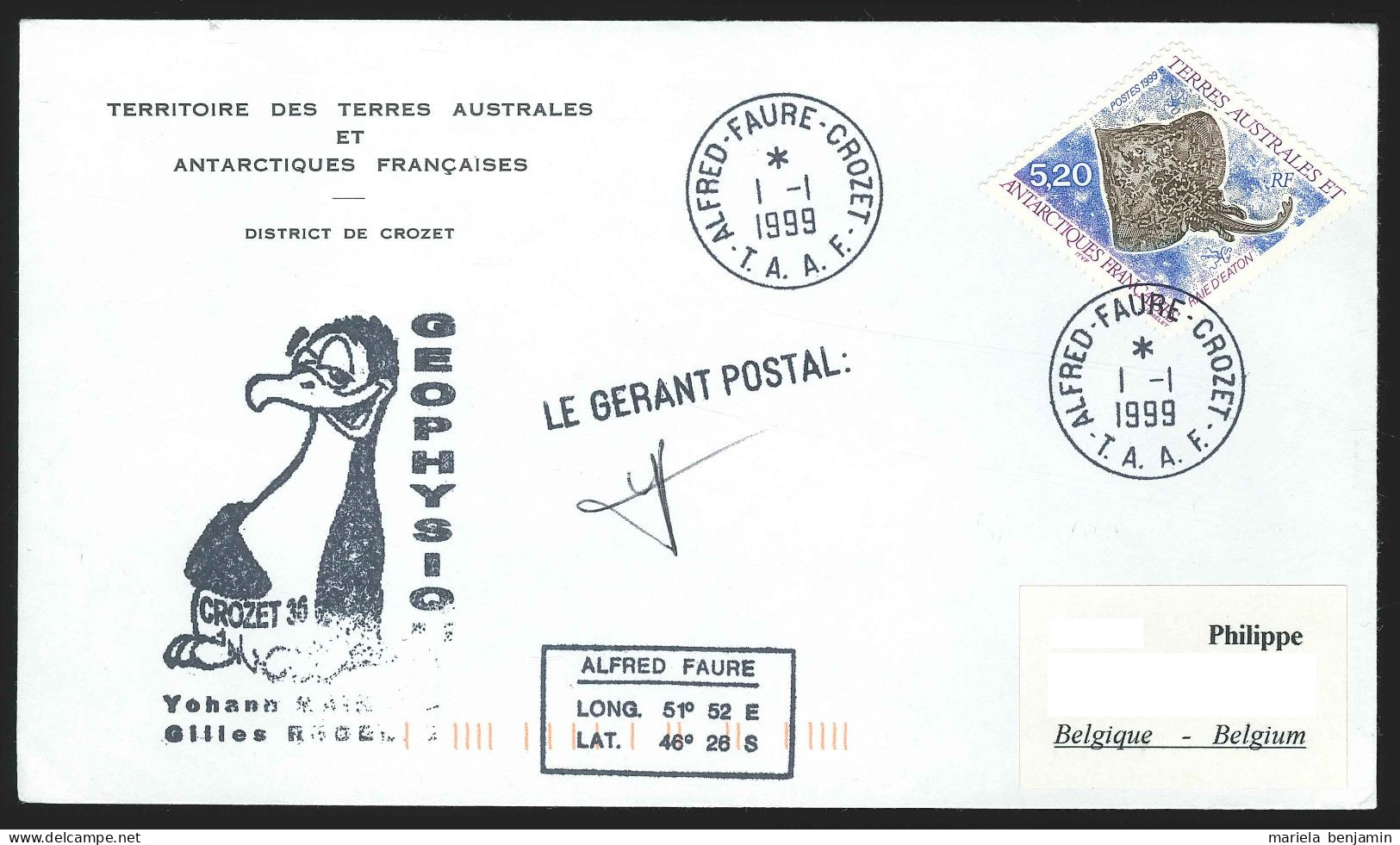 TAAF - Crozet - Poisson Raie D'Eaton + Géophysique & Sismologie Oblit 1e Jour Alfred Faure 01/01/1999 - Covers & Documents