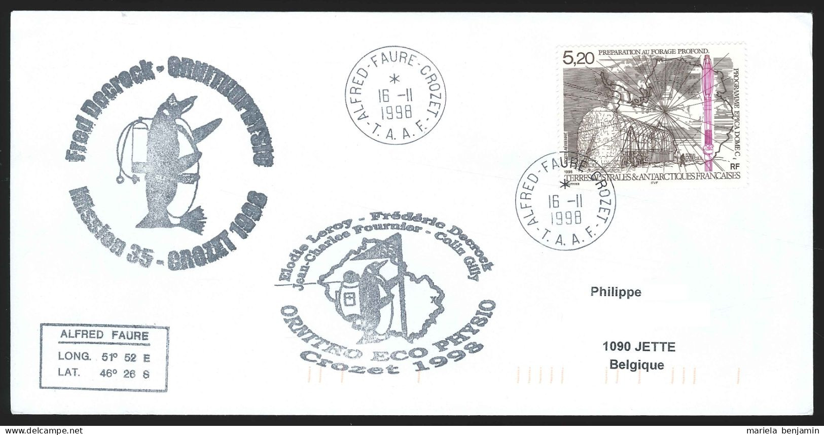 TAAF - Crozet - Ornitho-éco/Physio 35e Mission Oblit Alfred Faure 16/11/1998 - Storia Postale