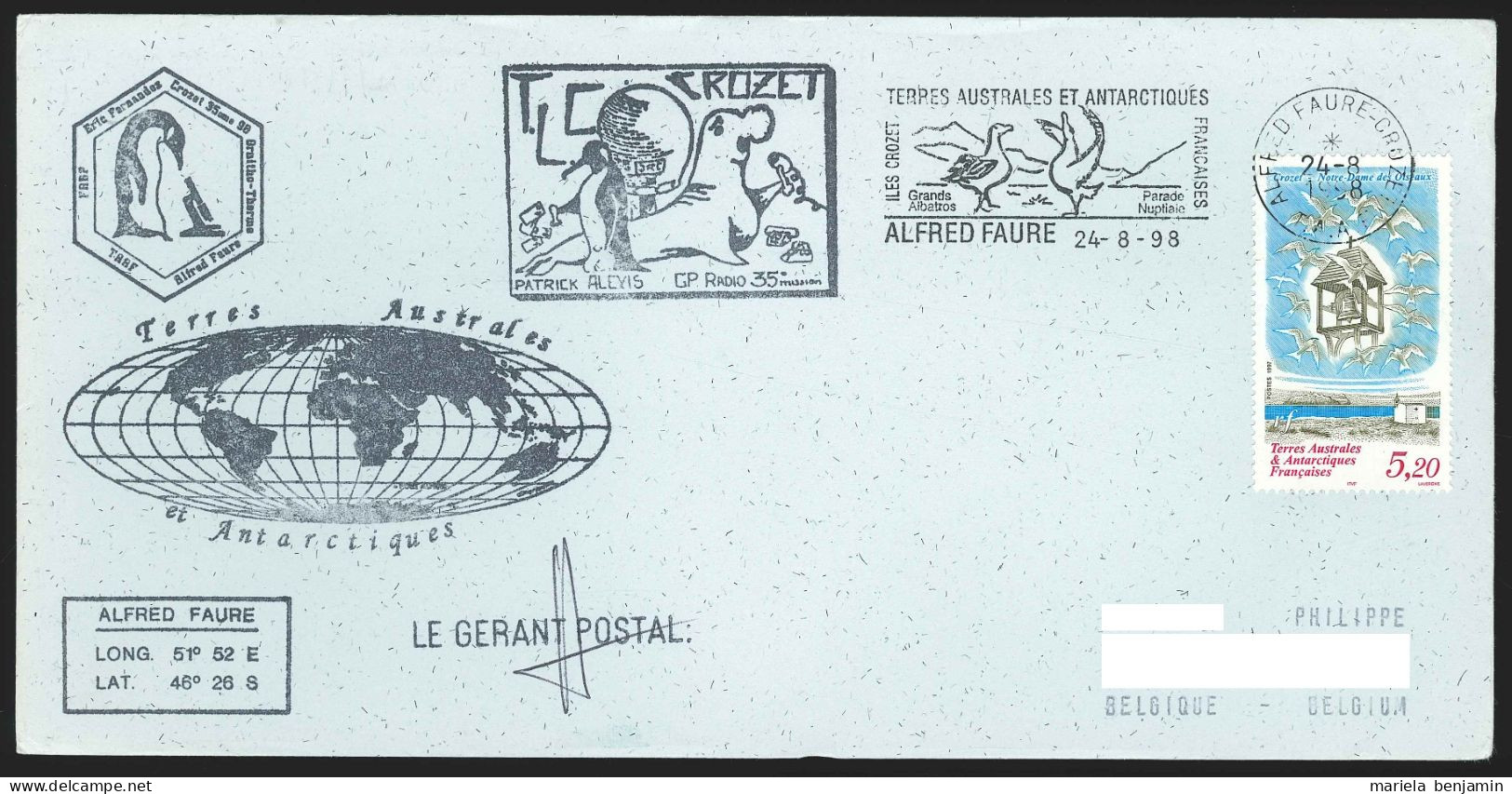 TAAF - Crozet - Ornitho-Thermo & GP-Radio 35e Mission Oblit Alfred Faure 24/08/1998 - Storia Postale