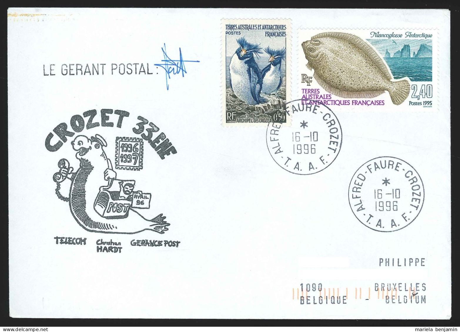 TAAF - Crozet - GP / Télécom 33e Mission Oblit Alfred Faure 16/10/1996 - Cartas & Documentos