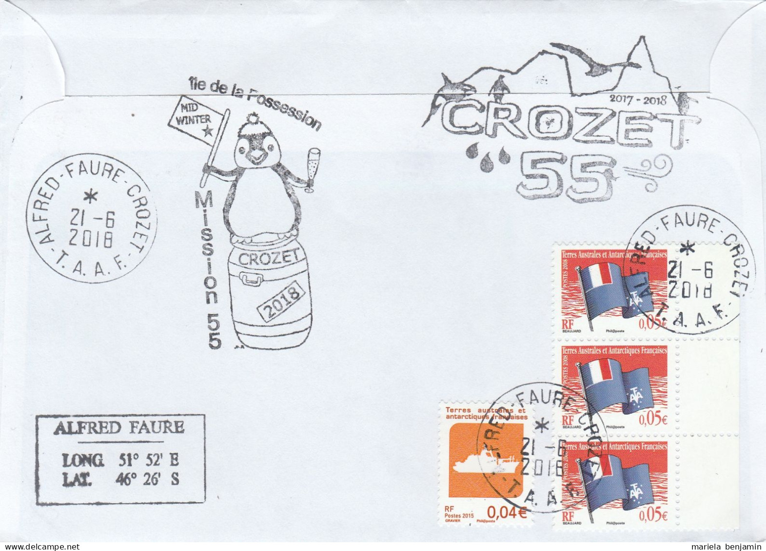 TAAF - Crozet - Càd & Sign Gérant Postal + Onzecro Oblit. Alfred Faure 21-6-2018 (au Dos: MIDWINTER 2018) - Storia Postale