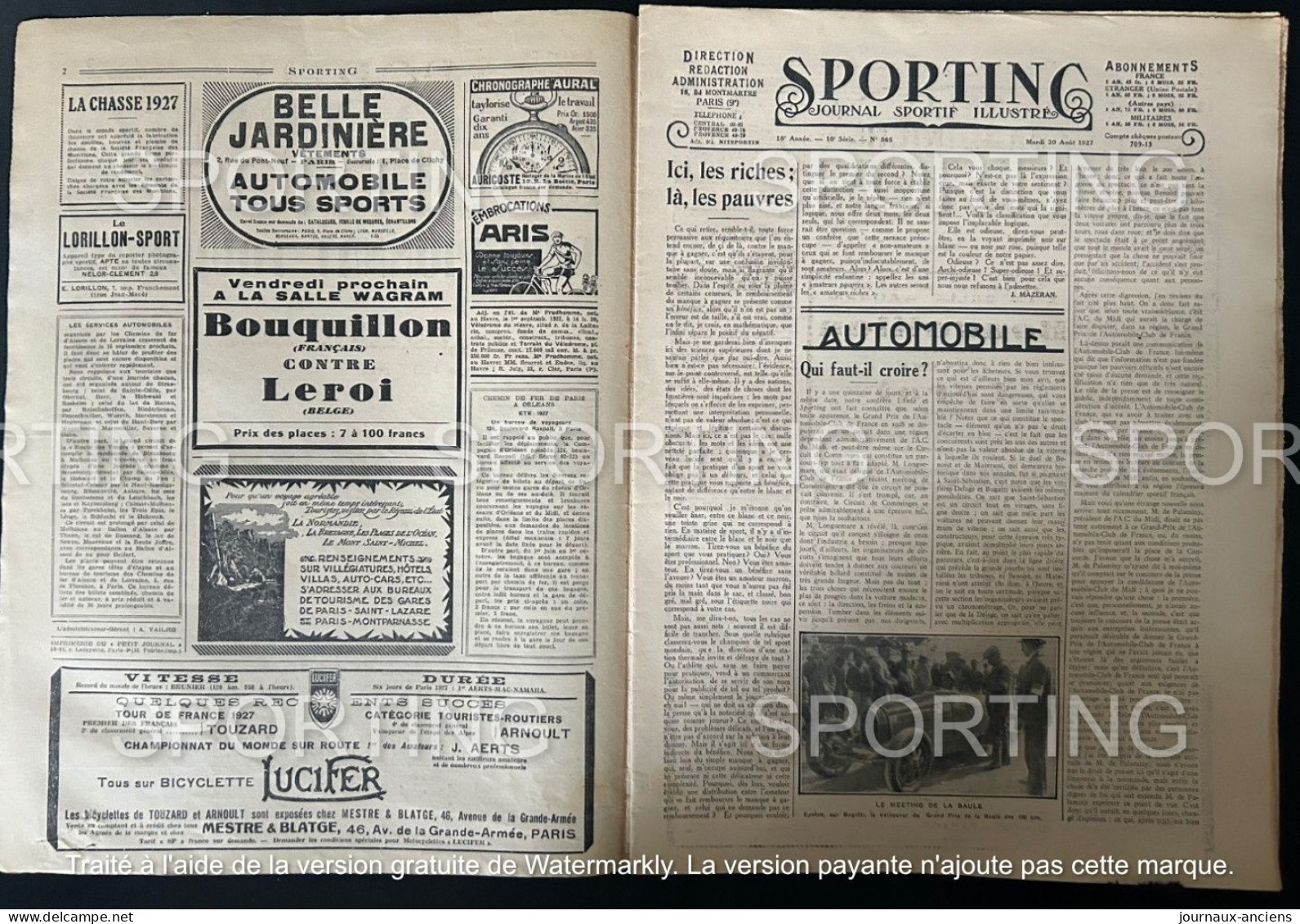 1927 Rare Revue Sportive " SPORTING " WATER POLO - CYCLISME PARIS LIMOGES - AUTOMOBILE LA BAULE - TENNIS - ETC.......... - 1900 - 1949