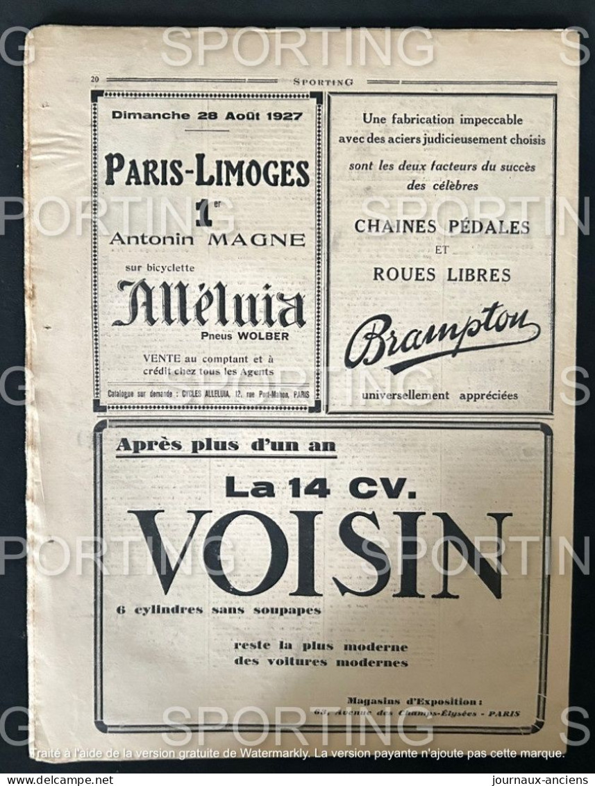 1927 Rare Revue Sportive " SPORTING " WATER POLO - CYCLISME PARIS LIMOGES - AUTOMOBILE LA BAULE - TENNIS - ETC..........
