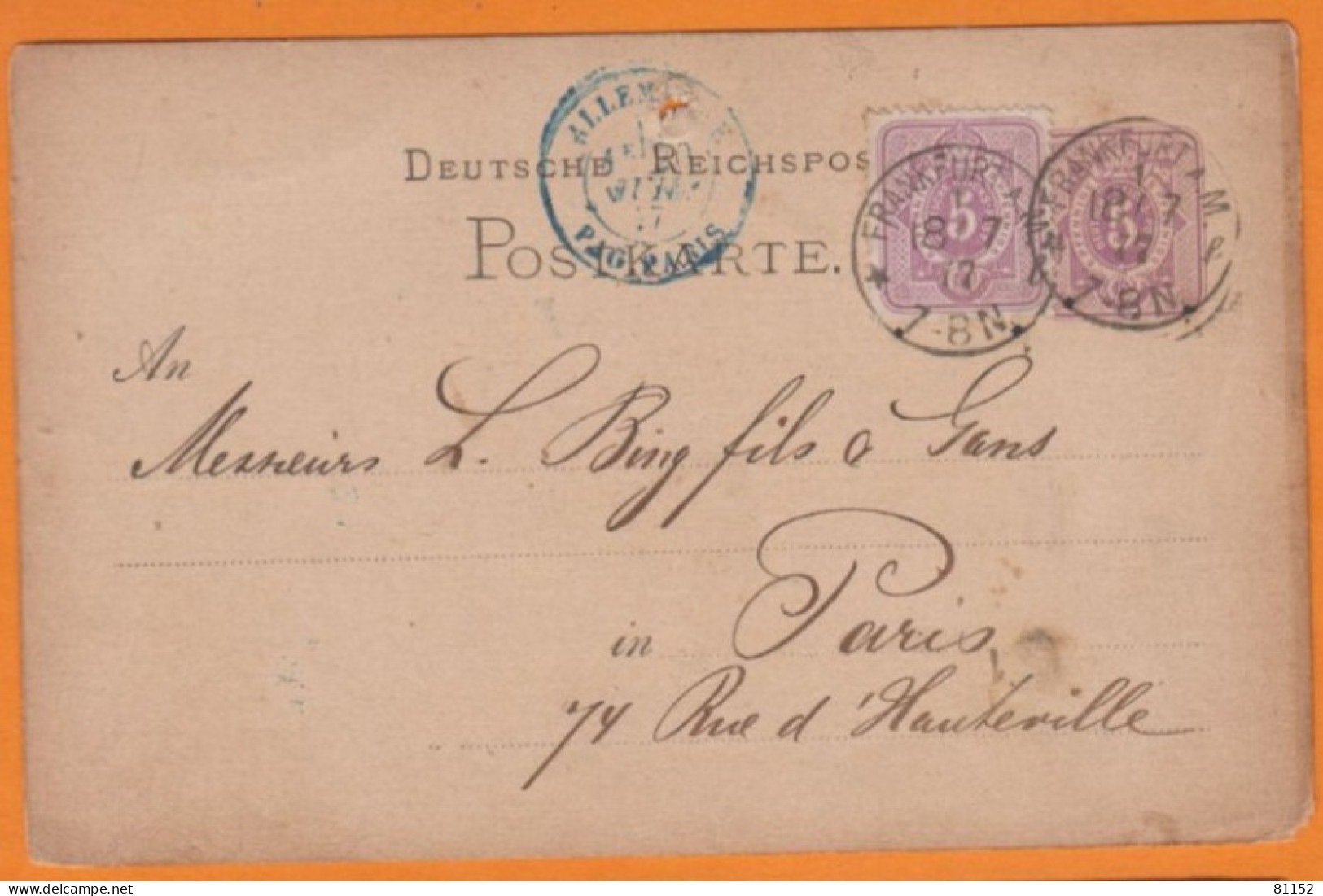 Cachet Marque D'entrée à Paris 1877 Sur  Entier CPA  5p + Complément 5p De FRANKFURT Allemagne - Entry Postmarks