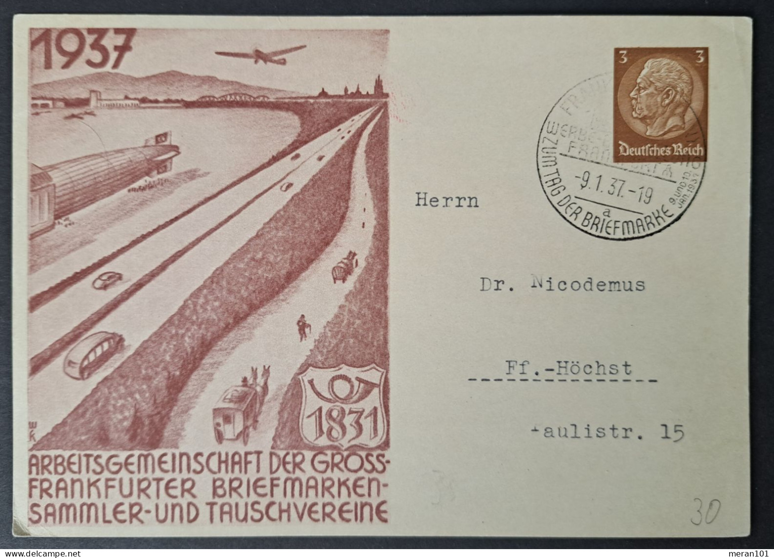 Privat-Ganzsache 1937, Frankfurter Briefmarken Vereine Sonderstempel - Privat-Ganzsachen