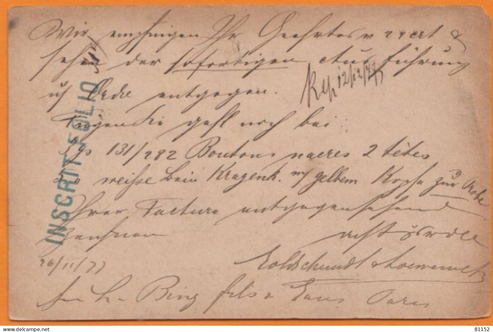 Cachet Marque D'entrée à Paris 1877 Sur  Entier CPA  5p + Complément 5p De FRANKFURT Allemagne - Entry Postmarks