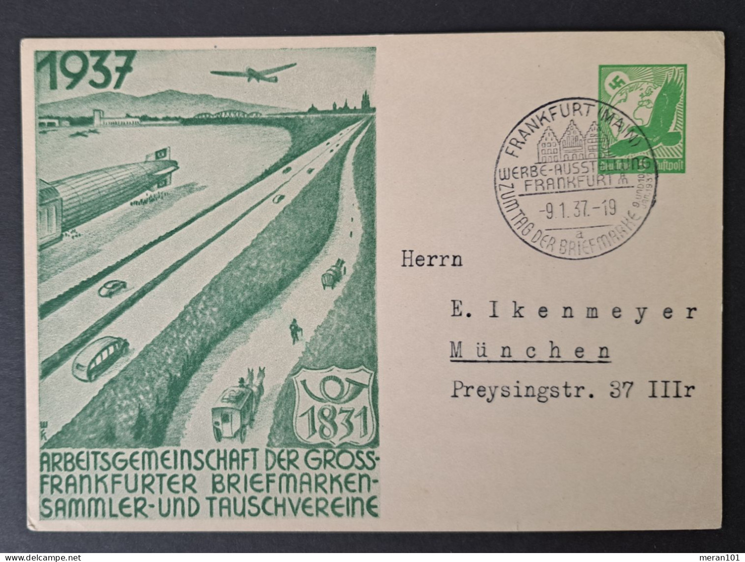Privat-Ganzsache Luftpost 1937, Frankfurter Briefmarken Vereine Sonderstempel - Private Postwaardestukken