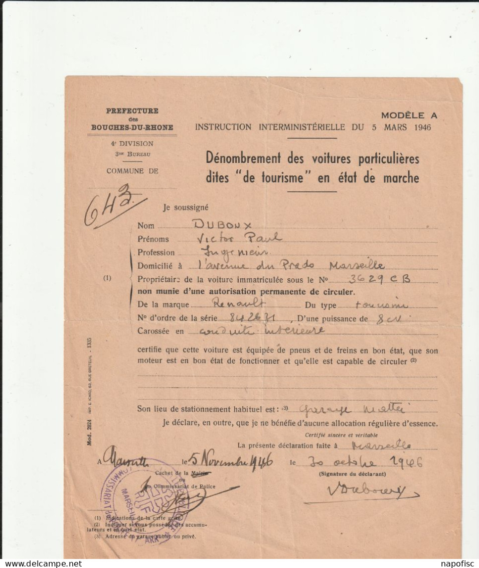 13-Préf.de Marseille..Dénombrement Des Voitures De Tourisme En Etat De Marche....Marseille...(Bouches-du-Rhône)...1946 - Historische Dokumente