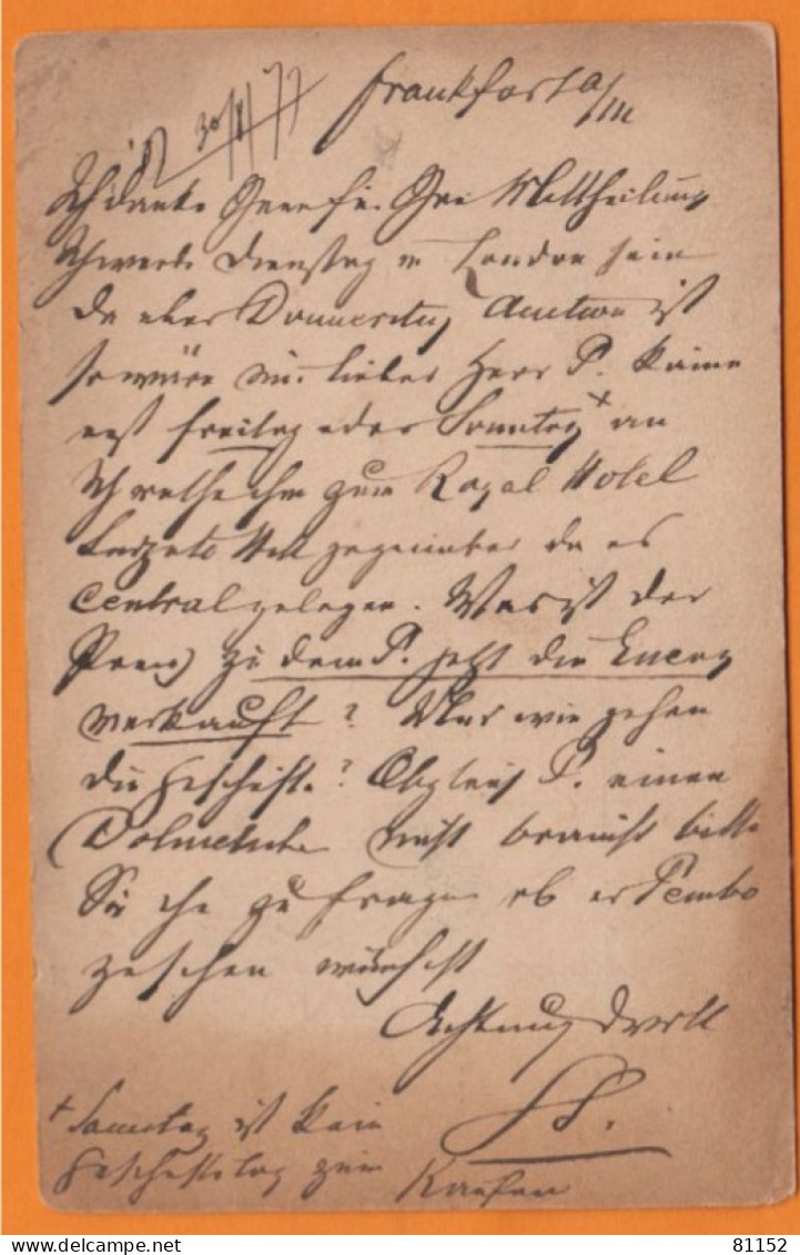 Allemagne  Entier 5p + Complément 5p Sur CPA De FRANKFURT Pour  Paris 1877 - Cartoline