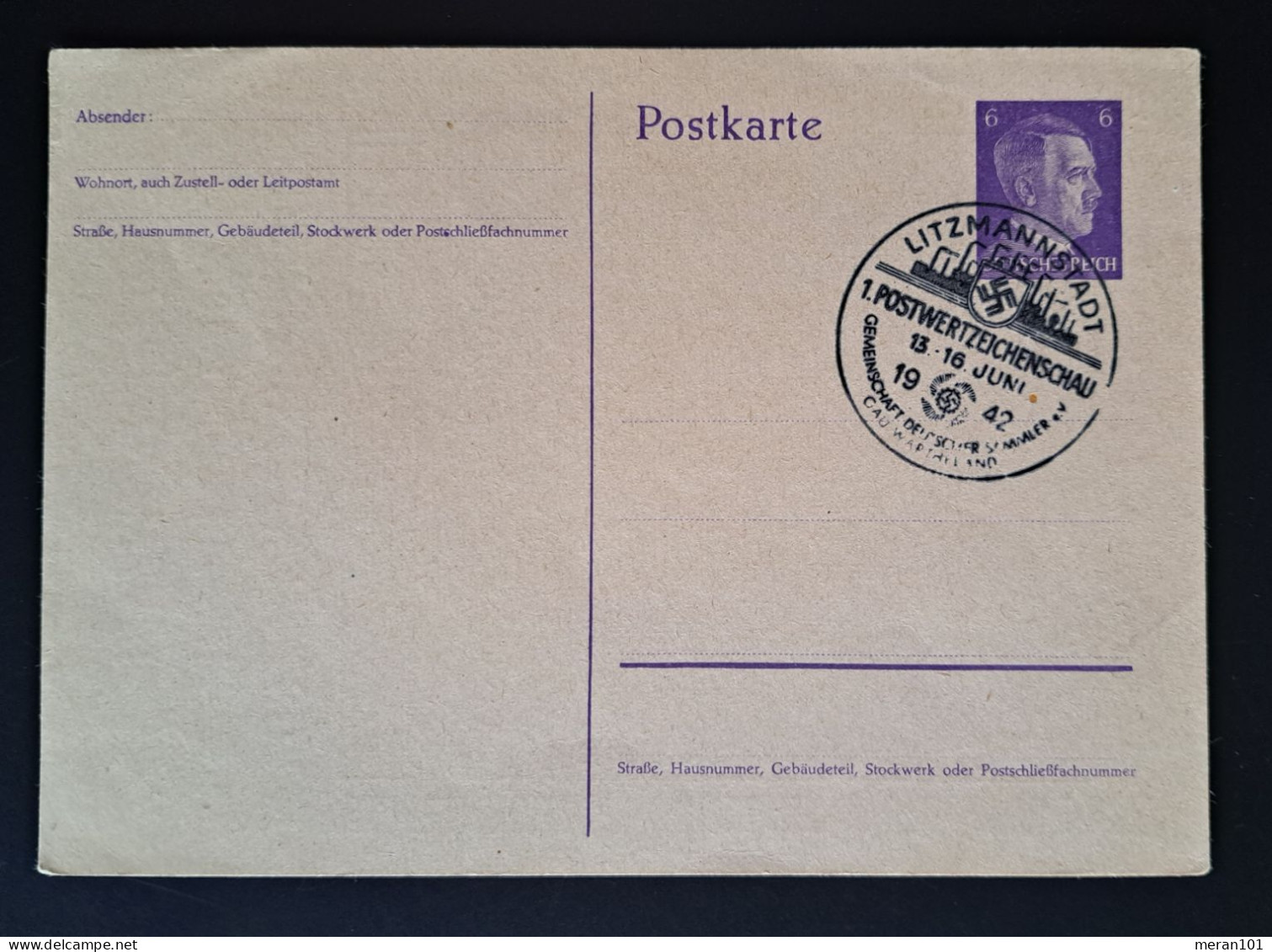 Private Ganzsache Litzmannstadt 1. Postwertzeichenschau 1942 Sonderstempel - Enteros Postales Privados