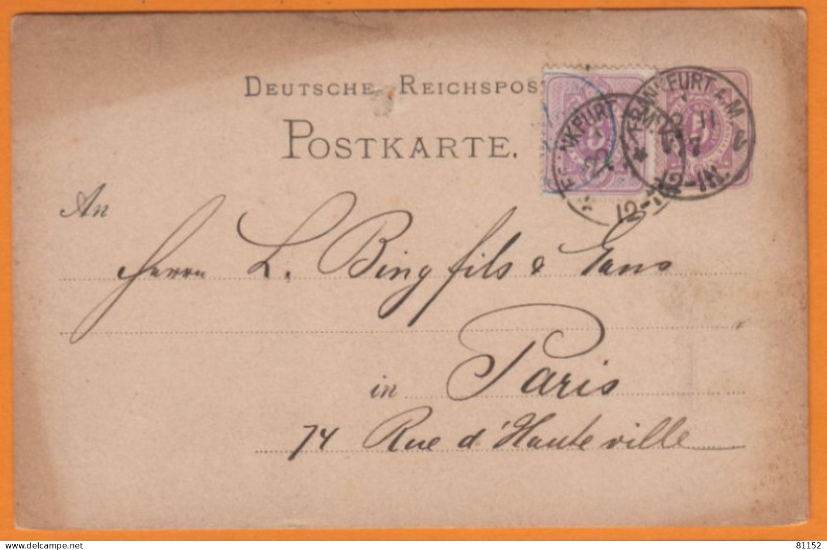 Allemagne  Entier 5p + Complément 5p Sur CPA De FRANKFURT Pour  Paris 1877 - Briefkaarten
