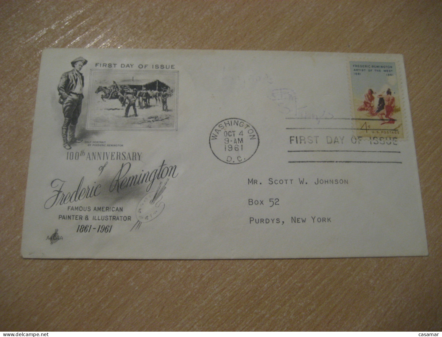 WASHINGTON 1961 To Purdys Frederic Remington Artist West American Indians Indian FDC Cover USA Indigenous Native History - Indiens D'Amérique