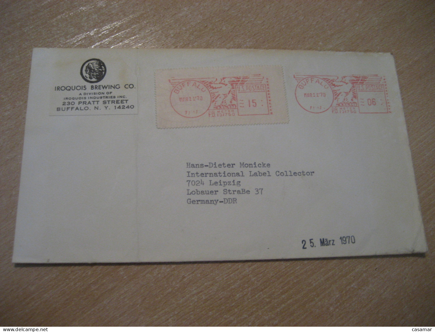 BUFFALO 1970 To Leipzig Germany American Indians Indian Cancel IROQUOIS BREWING CO. USA Indigenous Native History - American Indians