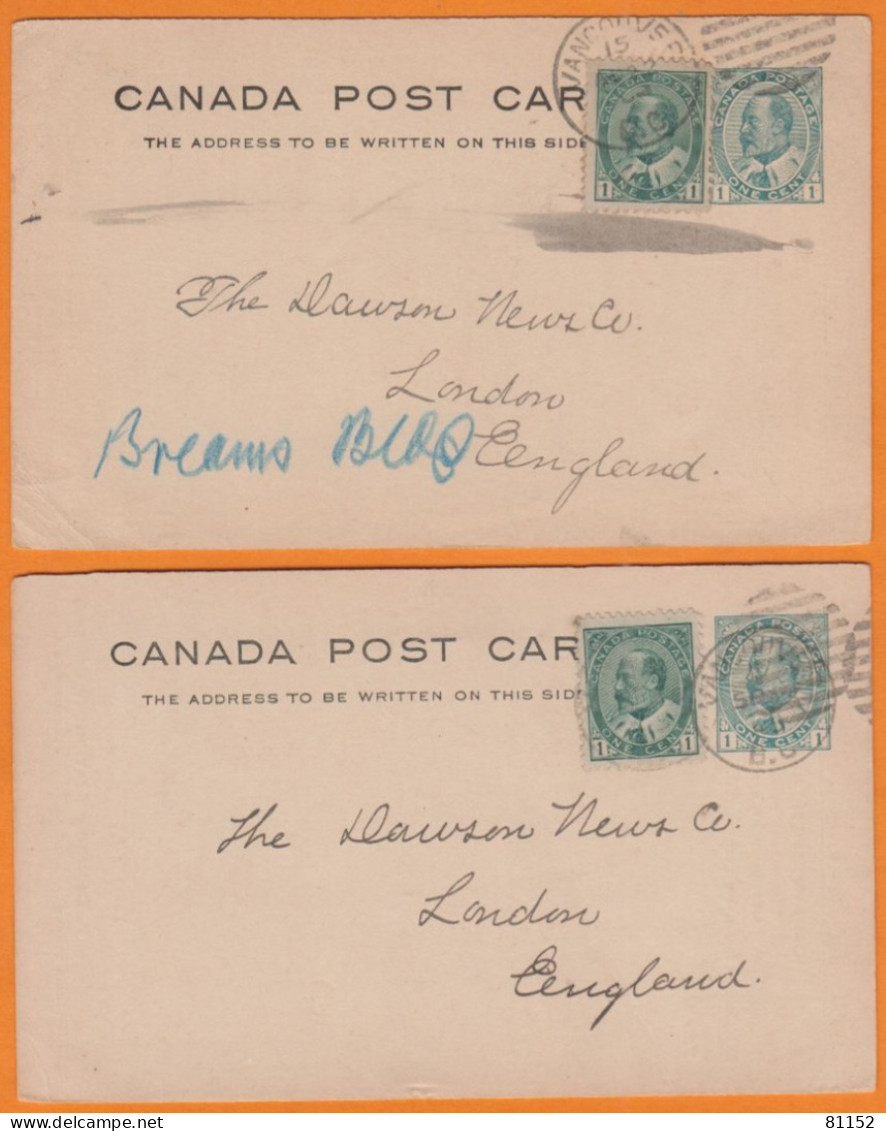 Lot De 2   CANADA   Entier 1c + Complément 1c    De VANCOUVER   Pour  LONDRES    1905 - 1903-1954 Kings
