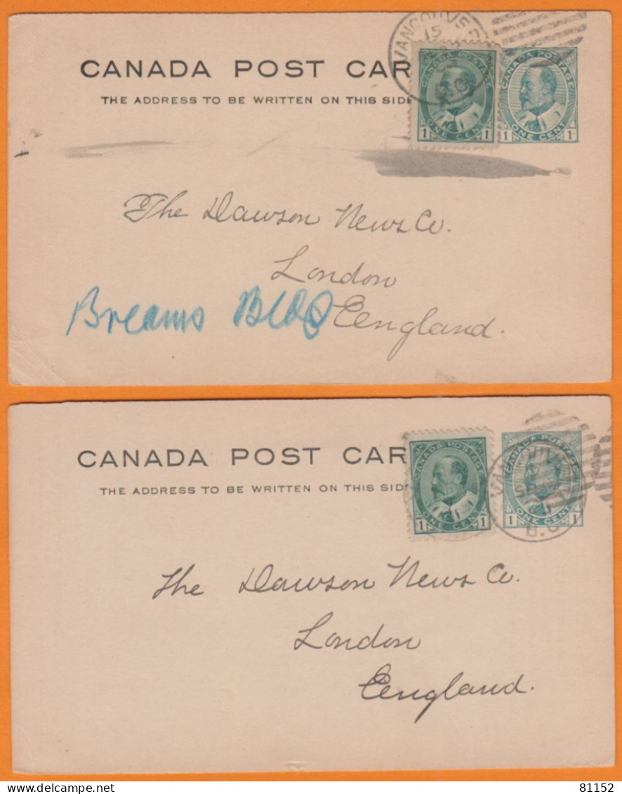 Lot De 2   CANADA   Entier 1c + Complément 1c    De VANCOUVER   Pour  LONDRES    1905 - 1903-1954 Rois