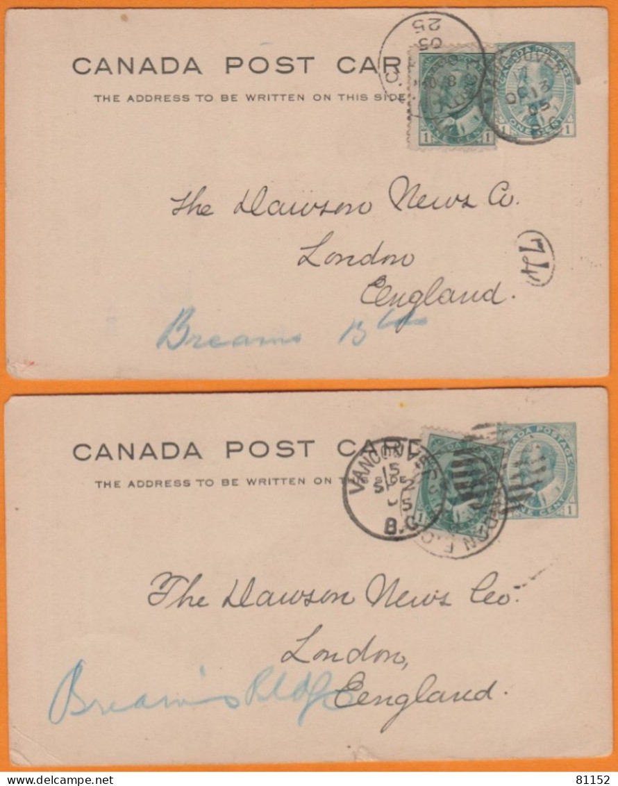 Lot De 2   CANADA   Entier 1c + Complément 1c    De VANCOUVER   Pour  LONDRES    1905 - 1903-1954 Könige