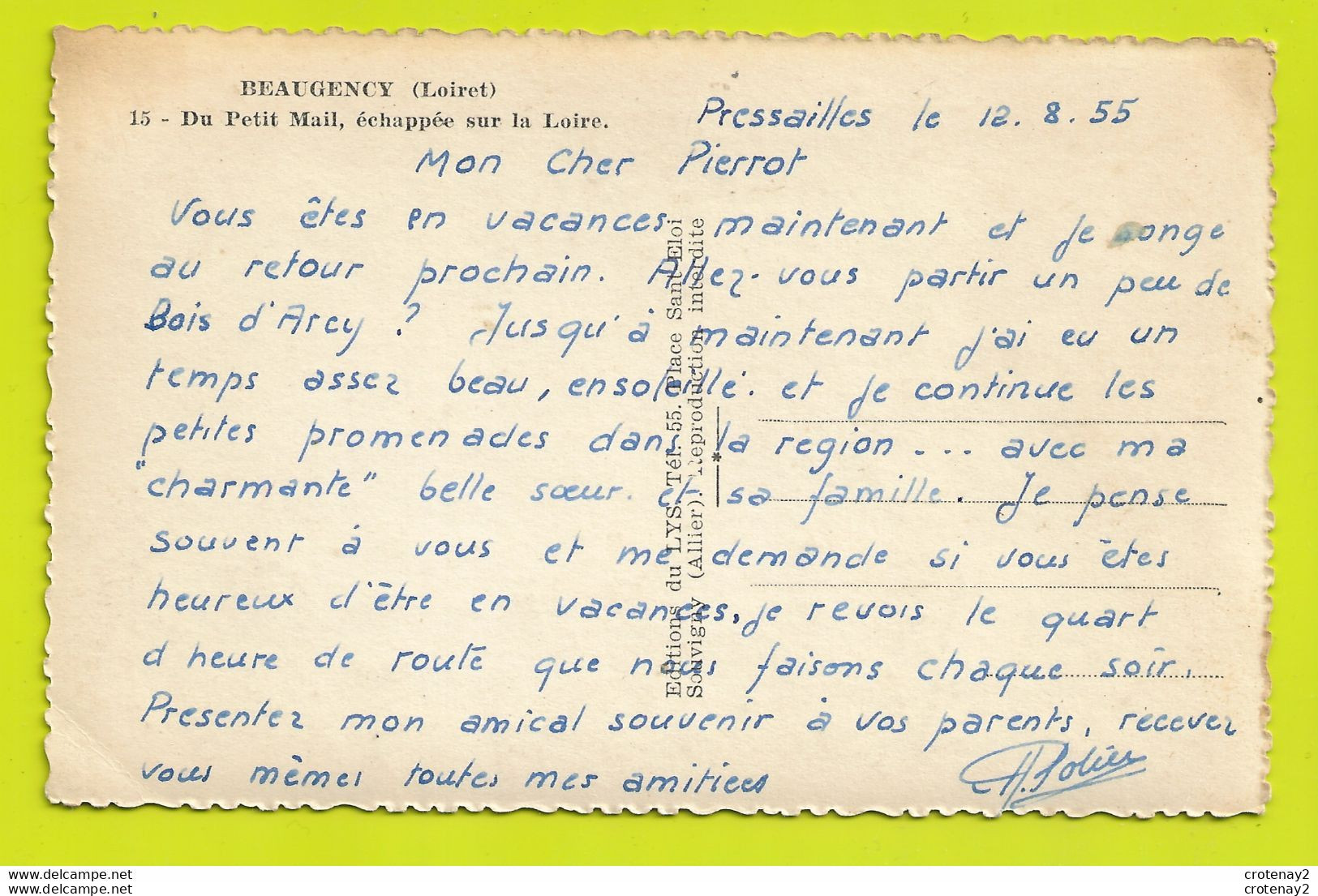 45 BEAUGENCY N°15 Du Petit Mail échappée Sur La Loire écrite De Pressailles D'une Belle Ecriture Le 12/08/1955 VOIR DOS - Beaugency