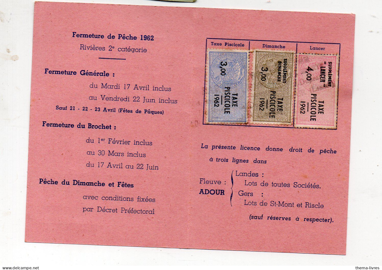 Aire Sur L'Adour (40)  Permis De Pêche  1962  Avec 3 Timbres  Fiscaux  Taxe Piscicole (PPP47230) - Briefe U. Dokumente