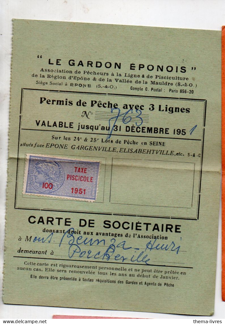 Epone (78)   Permis De Pêche  1951  Avec 1 Timbre   Fiscal  Taxe Piscicole (PPP47231) - Lettres & Documents