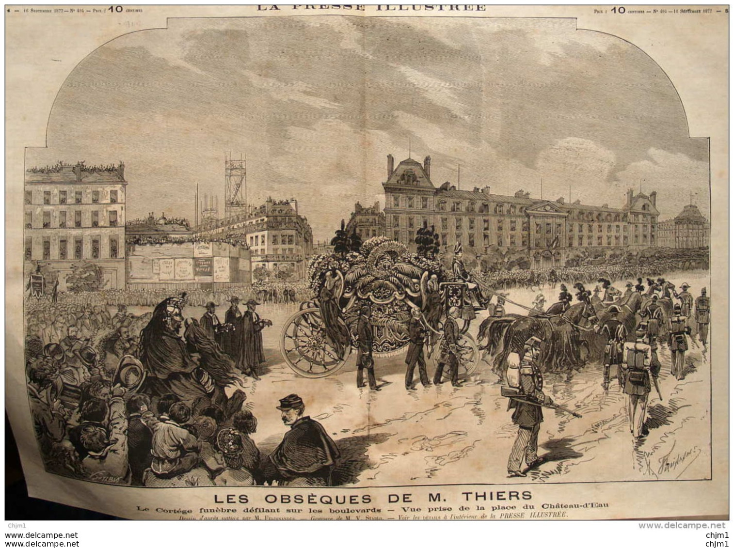 Les Obsèques De M. Thiers -  Le Cortège Funèbre Défilant Sur Les Boulevards - Page Double Original 1877 - Documentos Históricos