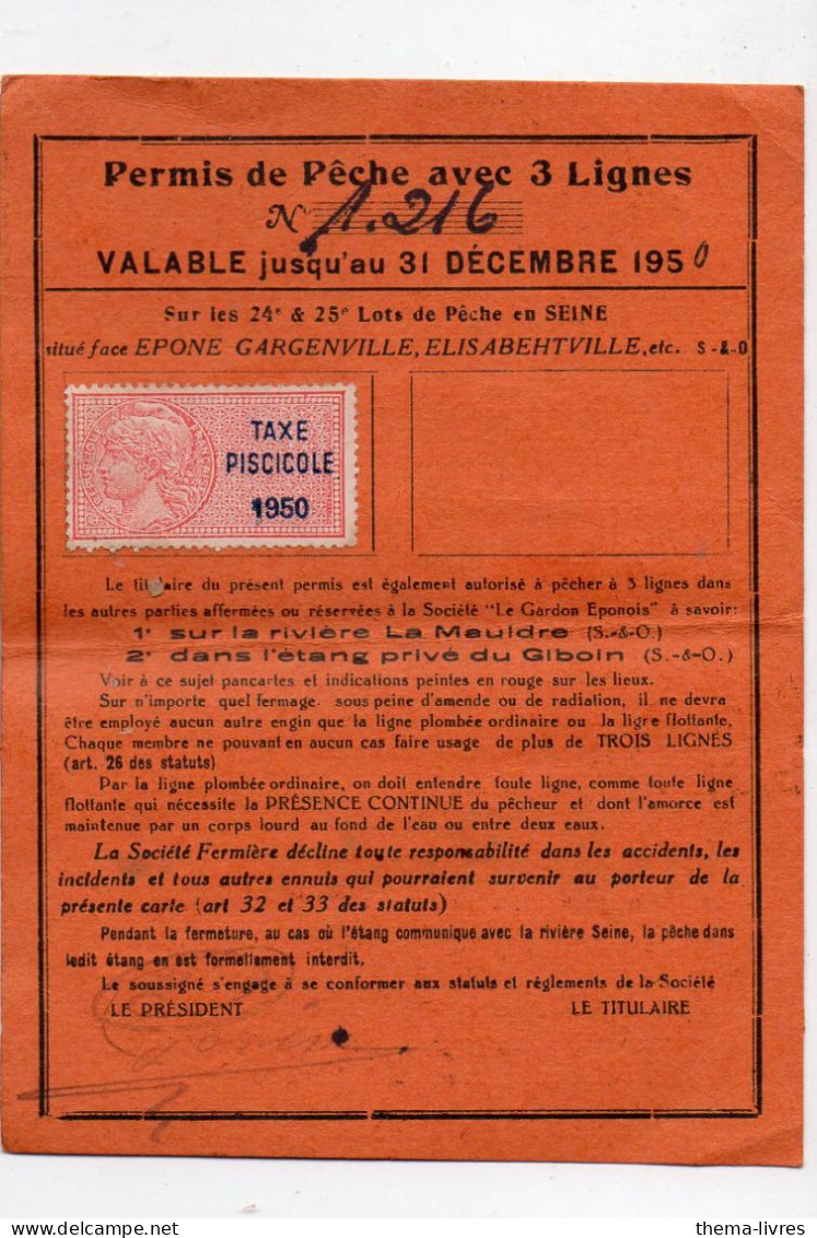 Epone (78)   Permis De Pêche  1950  Avec 1 Timbre   Fiscal  Taxe Piscicole (PPP47232) - Brieven En Documenten