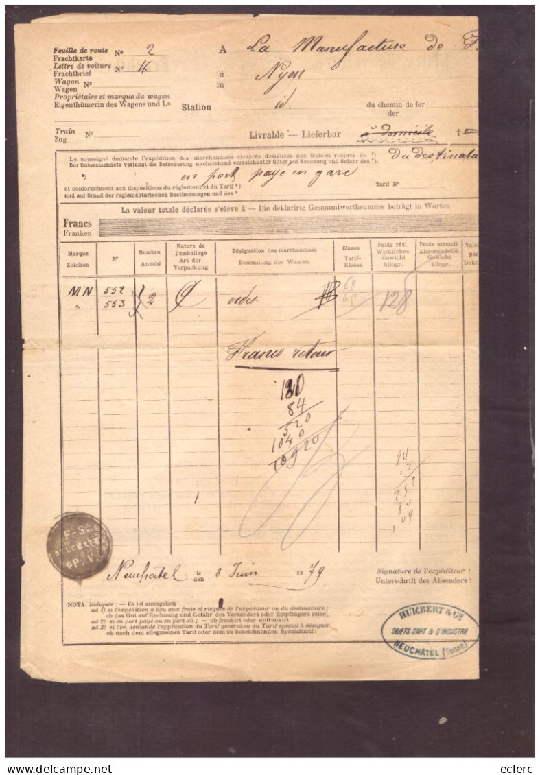 LETTRE DE VOITURE - TAMPON NEGATIF / NEGATIV STEMPEL - FRANCO-SUISSE FS NEUCHATEL PV - GROUPE 154D - Chemins De Fer