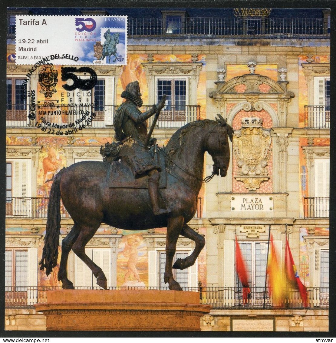 ESPAÑA (2018) Carte Maximum Card ATM - 50 Feria Plaza Mayor, Felipe III, Escudo, Coat Of Arms, Horse, Statue - Maximumkarten