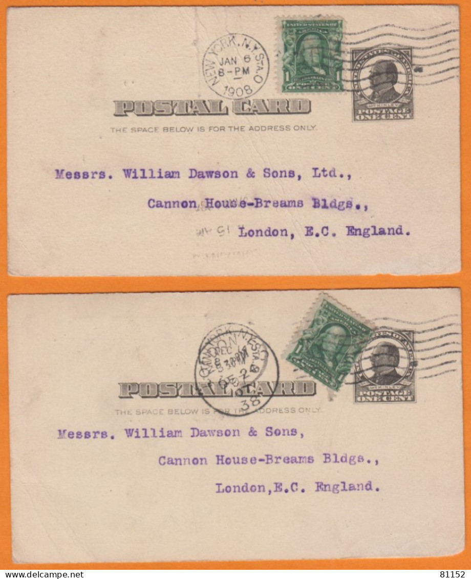 Lot De 2   U.S.A.  Entier 1c + Complément 1c    De NEW YORK   Pour  LONDRES    1907 Et 1908 - 1901-20