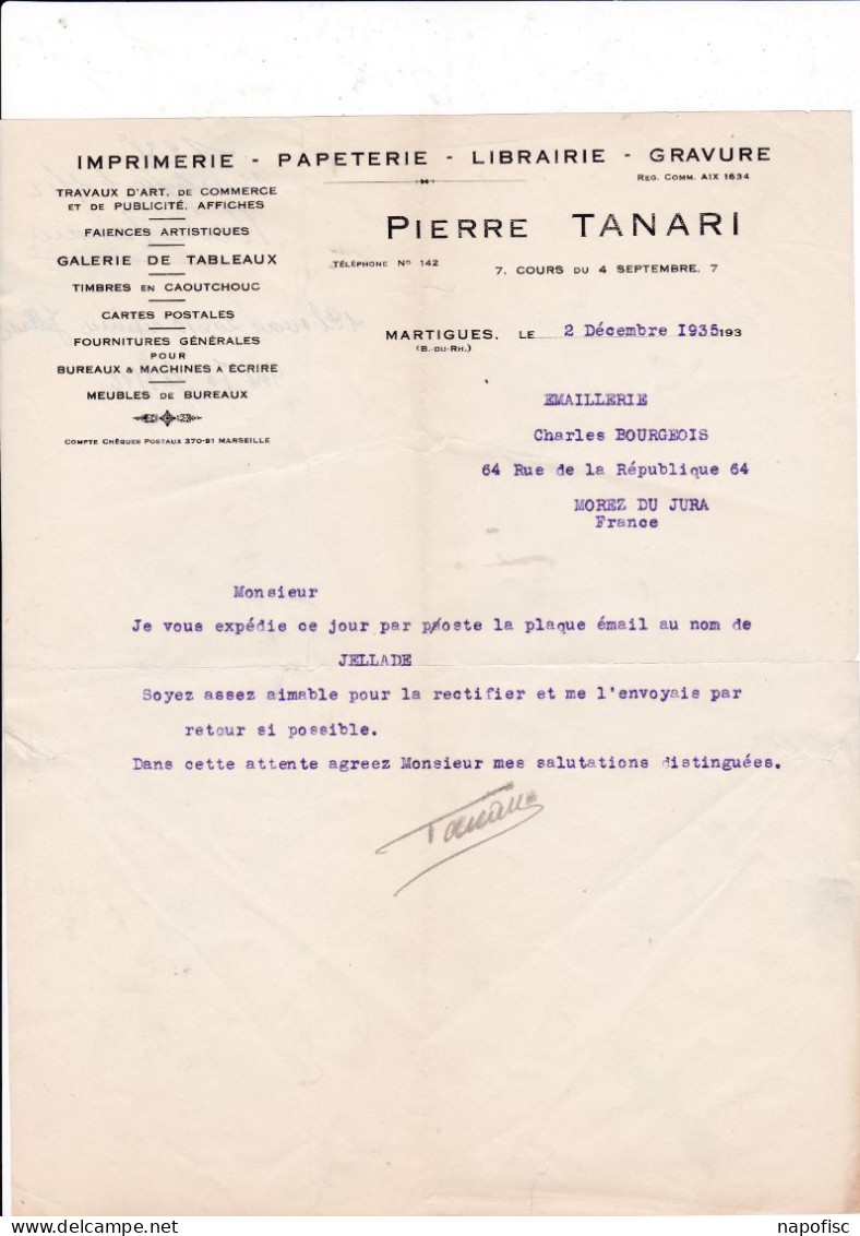 13-P.Tanari..Imprimerie, Papeterie, Librairie, Gravure..Martigues...(Bouches-du-Rhône)...1935 - Printing & Stationeries