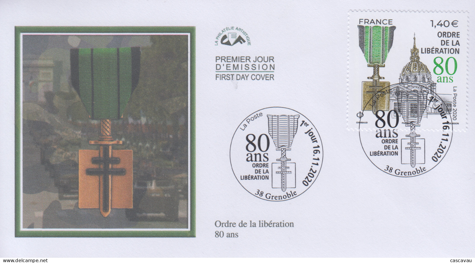 Enveloppe   FDC  1er   Jour     FRANCE    80  Ans   ORDRE  DE  LA  LIBERATION     GRENOBLE    2020 - 2020-…