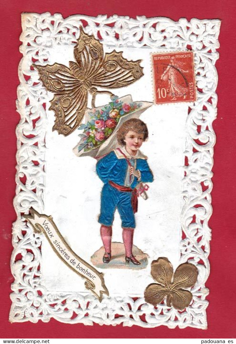 AF379 FANTAISIES ENFANT DENTELLE GAUFREE CARTE AVEC AJOUTIS ROSES PAPILLON DORE ET TREFLE - Autres & Non Classés