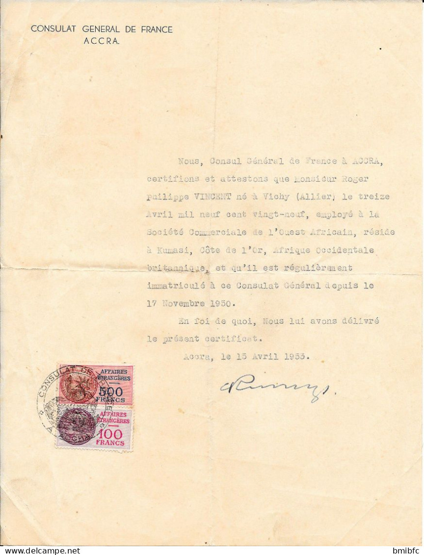 1953 - Sur Lettre Du CONSULAT GENERAL DE FRANCE ACCRA. Fiscaux  Affaires Etrangères 500 Francs Et 100 Francs - Storia Postale