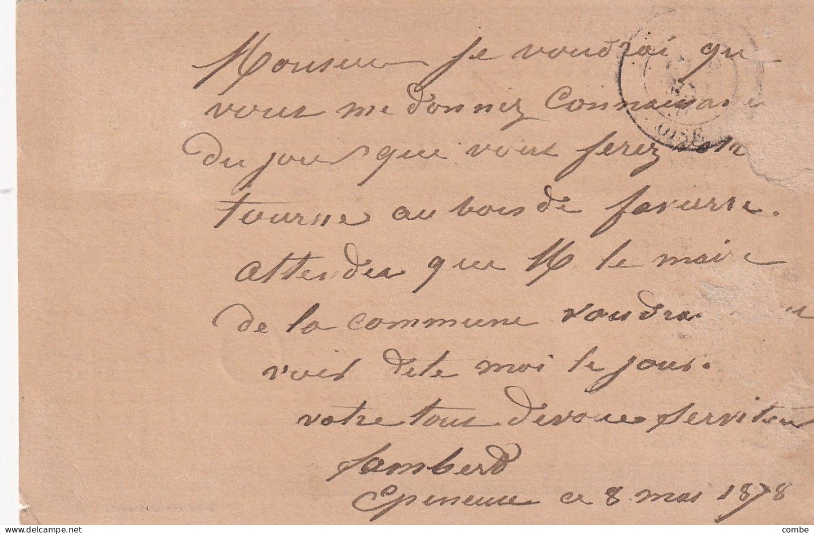 CARTE PRECURSEUR. SAGE 10c. 9 MAI 78. ESTREES-ST DENIS. OISE. BOITE RURALE H = EPINEUSE. POUR NOYON - 1877-1920: Semi Modern Period