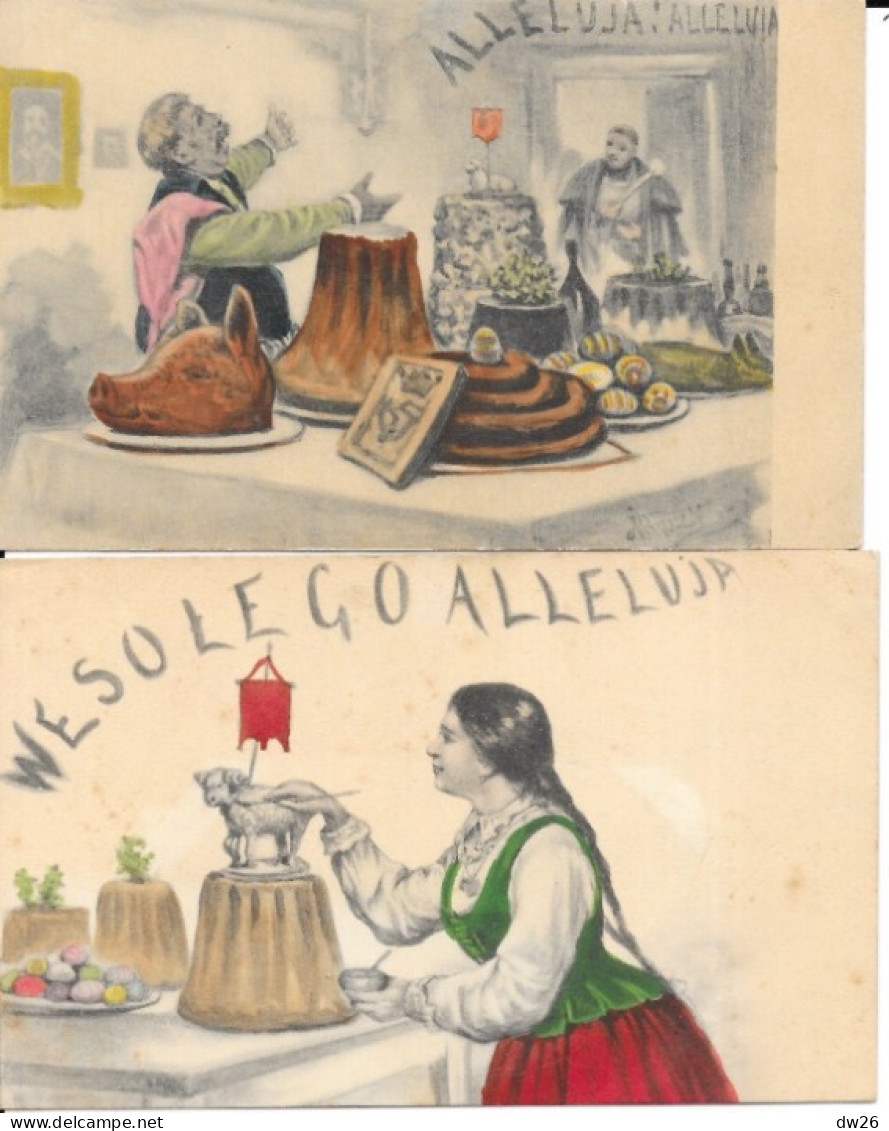 Illustration à Identifier (Illustrateur Polonais?) Wesolego Alleluja (Joyeuses Pâques En Pologne) Lot De 2 Cartes - Other & Unclassified