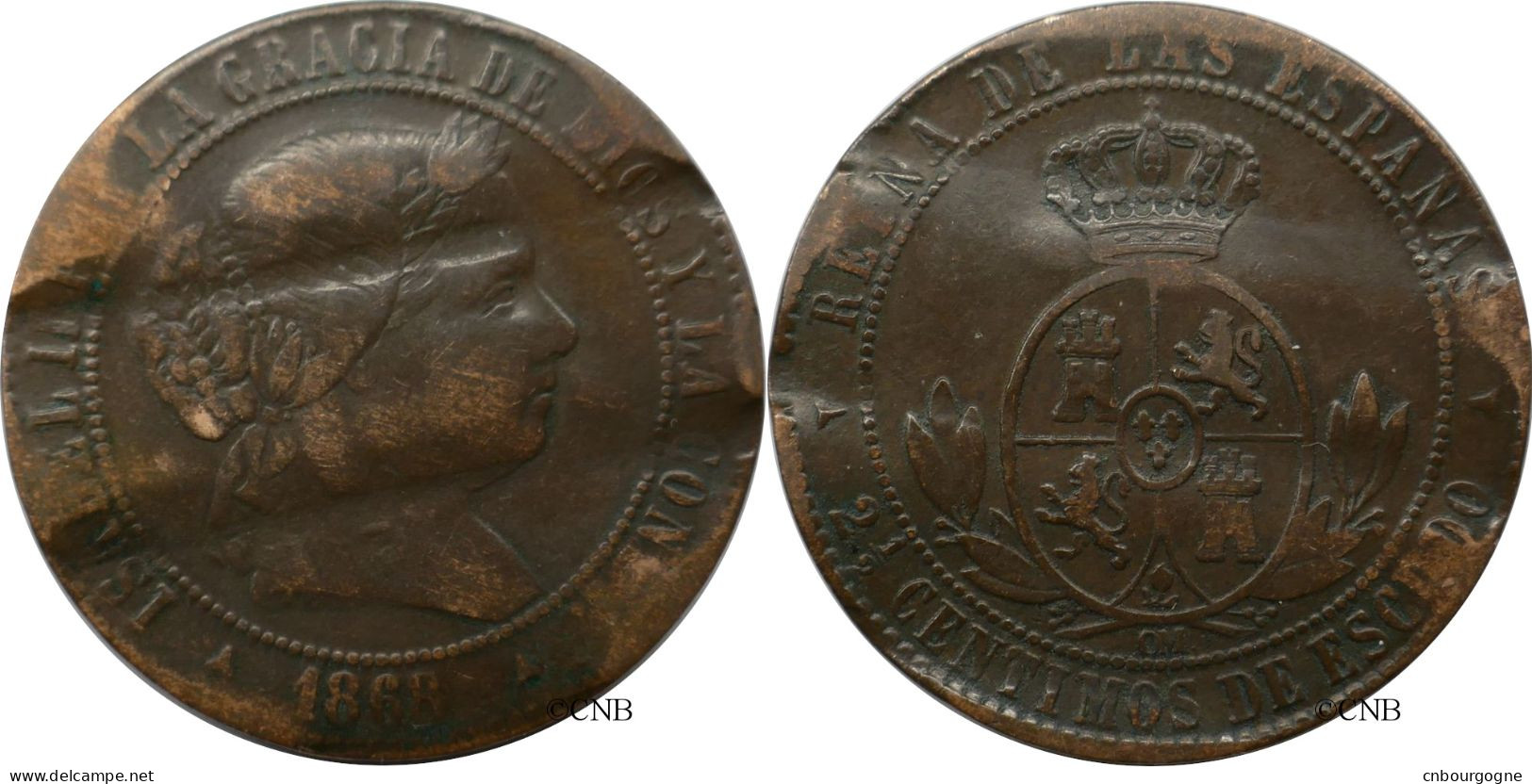 Espagne - Royaume - Isabelle II - 2 1/2 Centimos De Escudo 1868 OM étoile 3 Branches Démonétisée - TTB - Mon6499 - Primeras Acuñaciones