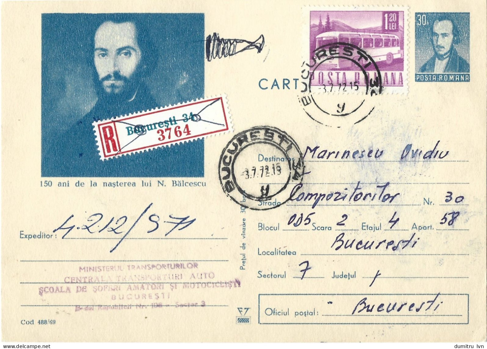 ROMANIA 1969 150 ANNIVERSARY OF THE BIRTH OF N. BALCESCU, POSTAL STATIONERY - Entiers Postaux