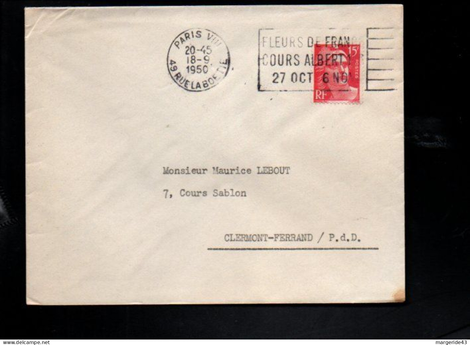 OBLITERATION MECANIQUE FLEURS DE FRANCE PARIS VIII 1950 - Tarifas Postales