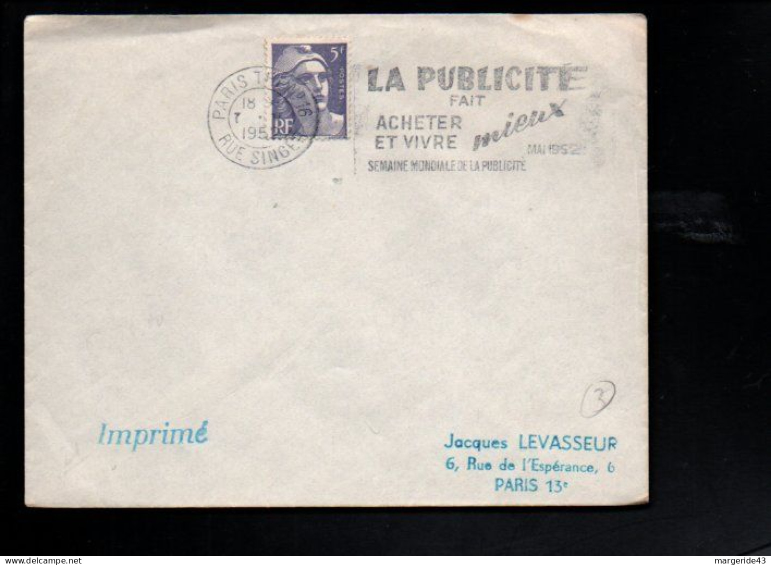 OBLITERATION MECANIQUE LA PUBLICITE FAIT VENDRE PARIS TRI 1952 - Annullamenti Meccaniche (Varie)