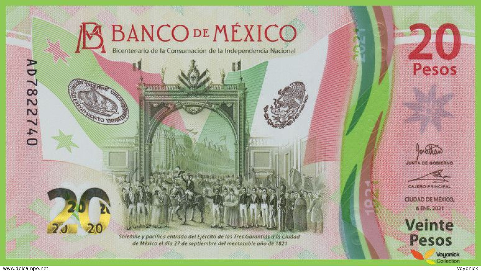 Voyo MEXICO 20 Pesos 2021 P132-1-2021(3) B726a AD UNC Commemorative Polymer - México