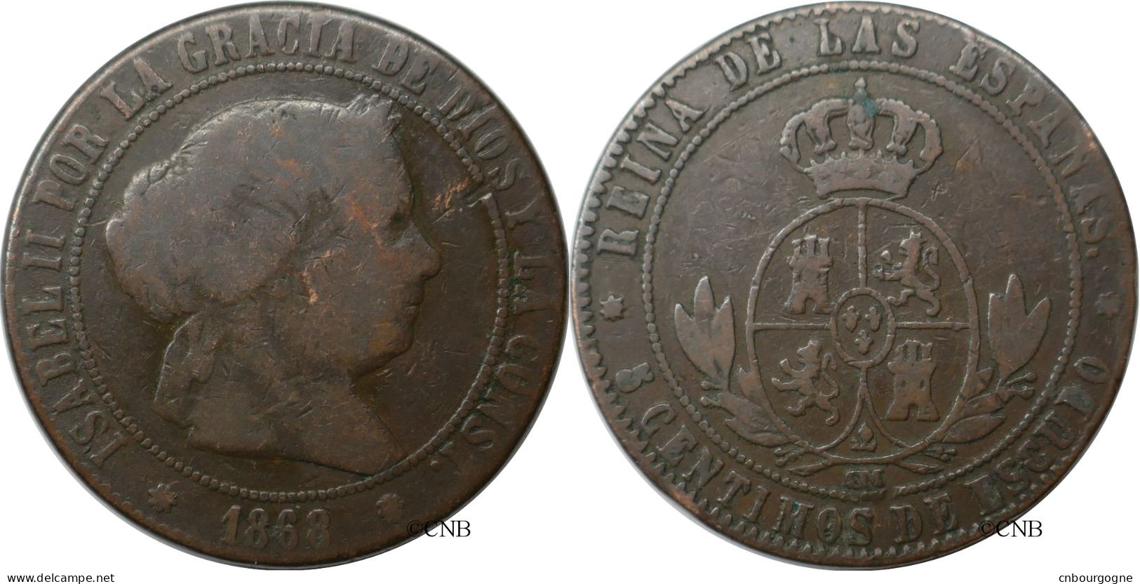 Espagne - Royaume - Isabelle II - 5 Centimos De Escudo 1868 OM étoile 8 Branches FAUTÉE - TB/VF25 - Mon6337 - Premières Frappes