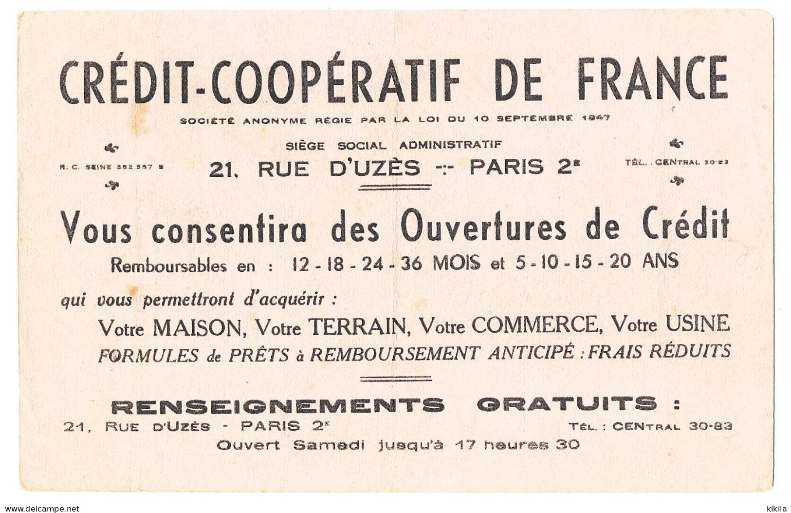 Buvard  22.6 X.14.4 CREDIT-COOPERATIF DE FRANCE Paris Pour Acquérir Maisons, Terrain, Commerce, Usine... - Bank En Verzekering