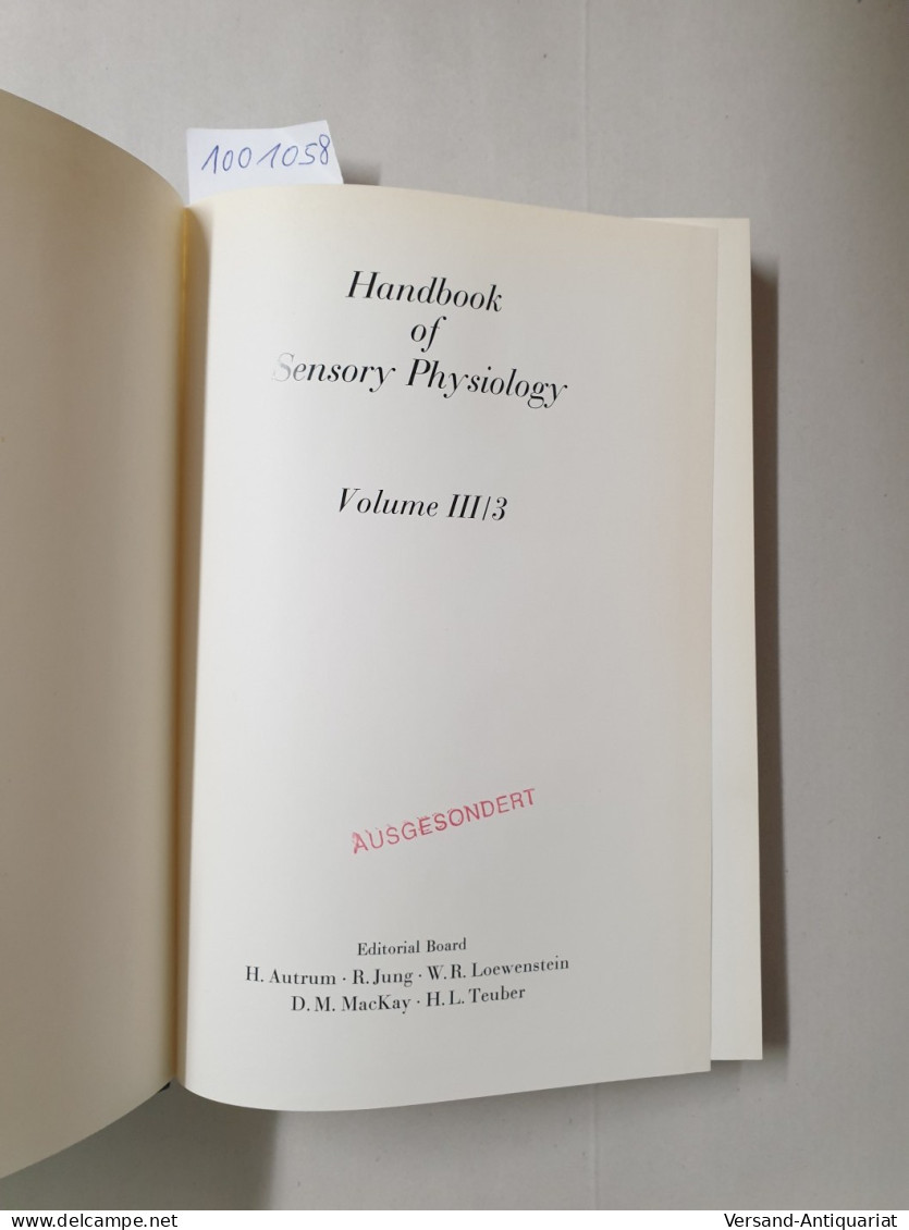 Handbook Of Sensory Physiology : Volume III/3 : Electroreceptors And Other Specialized Receptors In Lower Vert - Andere & Zonder Classificatie