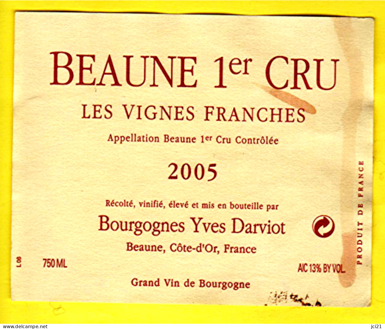 Étiquette "BEAUNE LES VIGNES FRANCHES 1er CRU 2005" (2739)_ev64 - Bourgogne