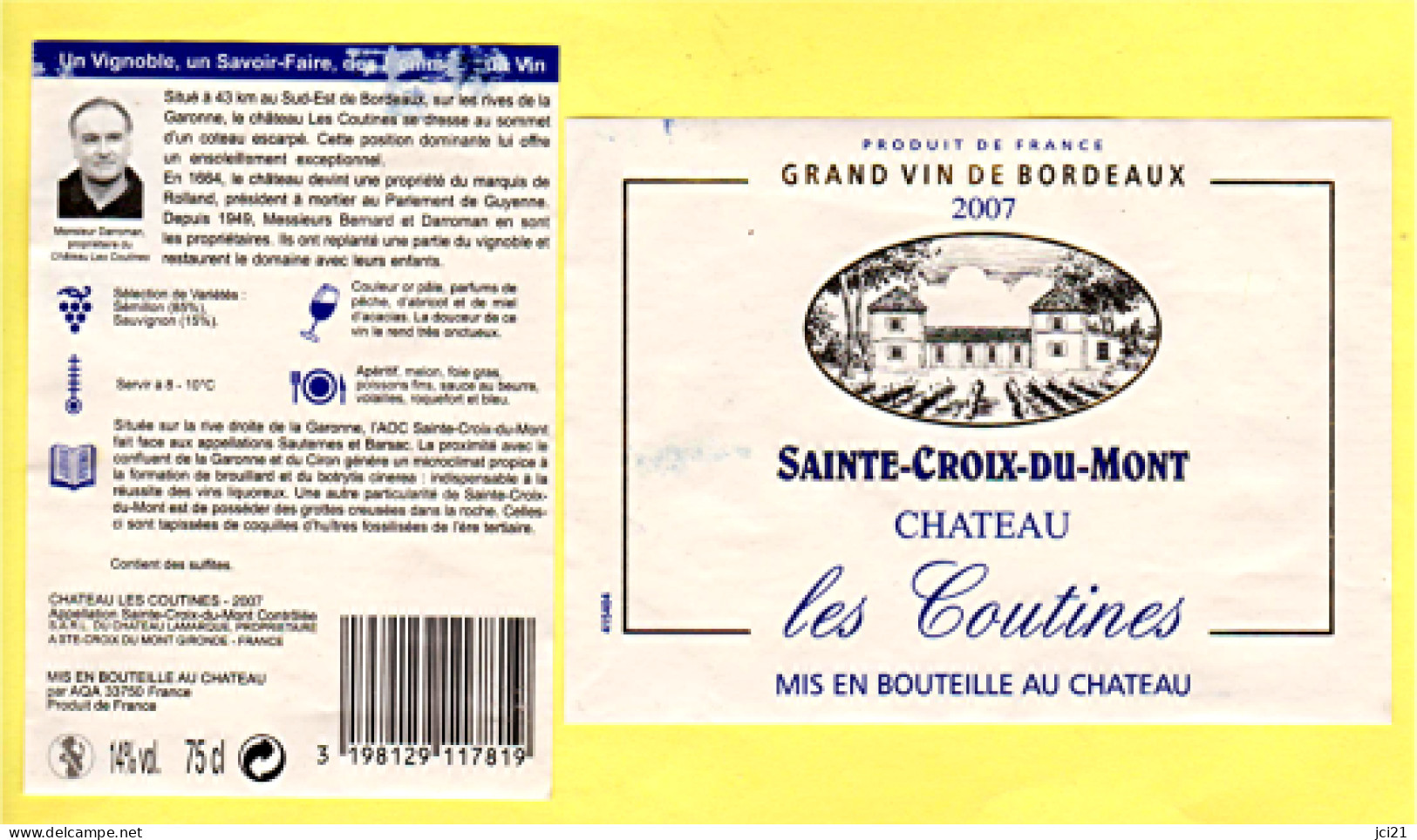 Étiquette "SAINTE CROIX DU MONT - CHÂTEAU LES COUTINES 2007" (2742)_ev65 - Bordeaux