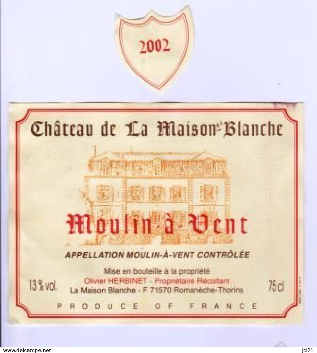 Étiquette Et Millésime  "MOULIN A VENT 2002" Olivier Herbinet Propriétaire Récoltant Romanèche (2725)_ev212 - Beaujolais