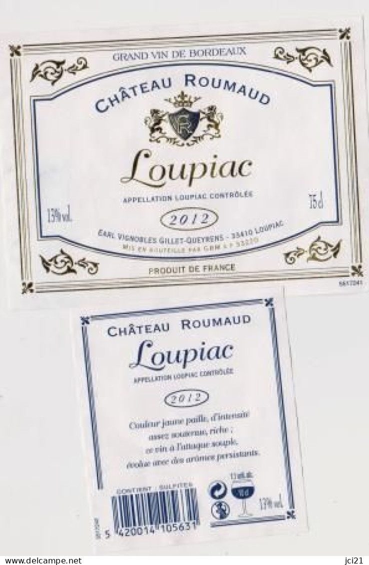 Étiquette Et Contre étiquette " LOUPIAC - CHÂTEAU ROUMAUD 2012 " (2735)_ev83 - Bordeaux