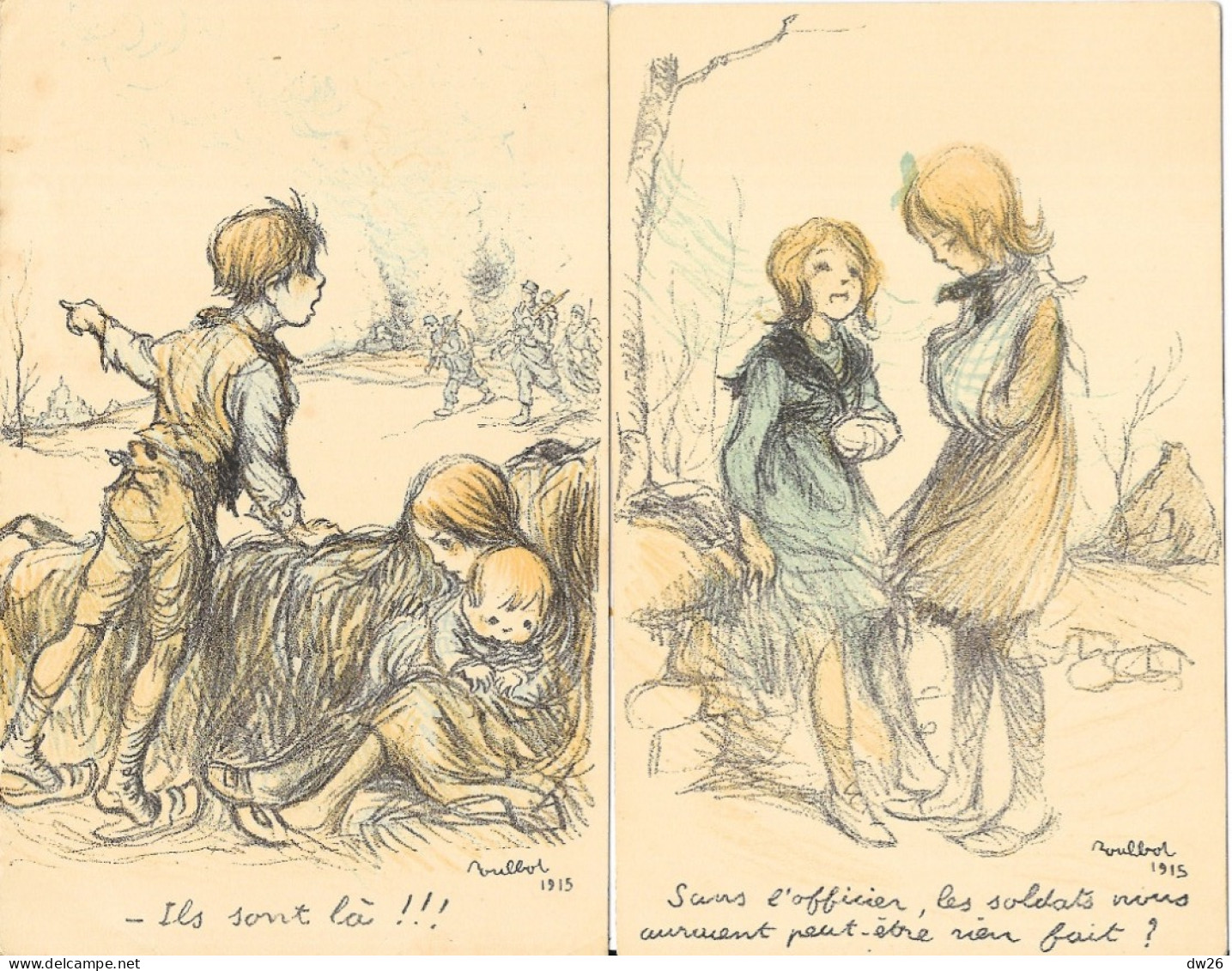 Illustration F. Poulbot 1915: Les Petits Français Et Les Boches - Lot De 5 Cartes Color (Même Correspondance Au Verso) - Poulbot, F.