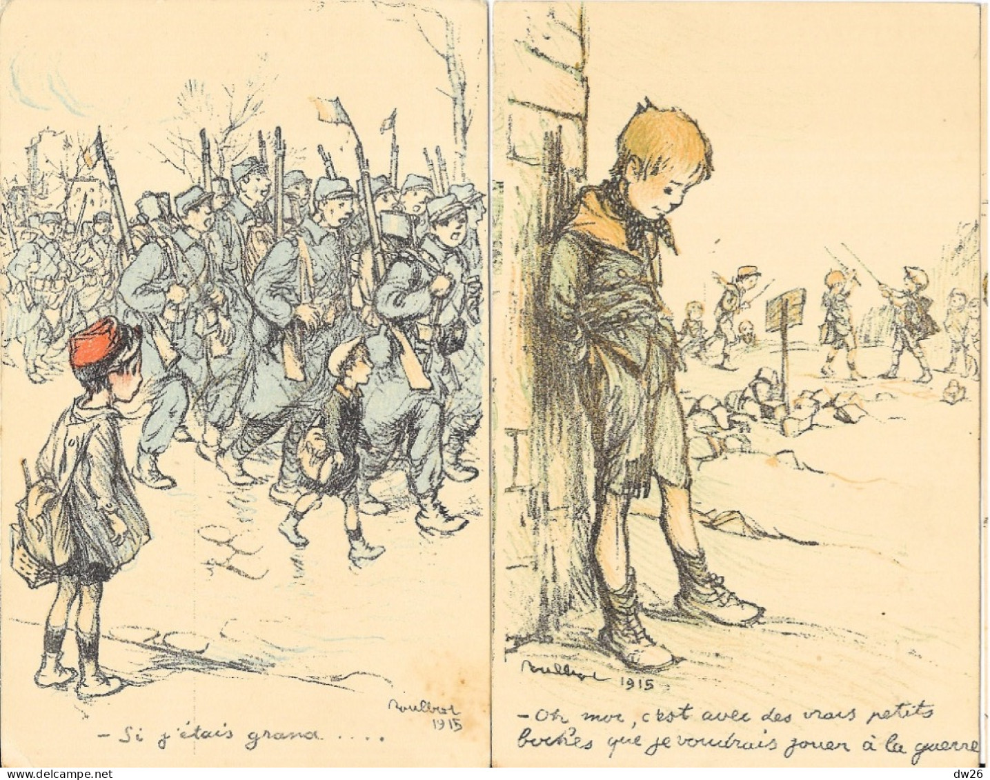 Illustration F. Poulbot 1915: Les Petits Français Et Les Boches - Lot De 5 Cartes Color (Même Correspondance Au Verso) - Poulbot, F.