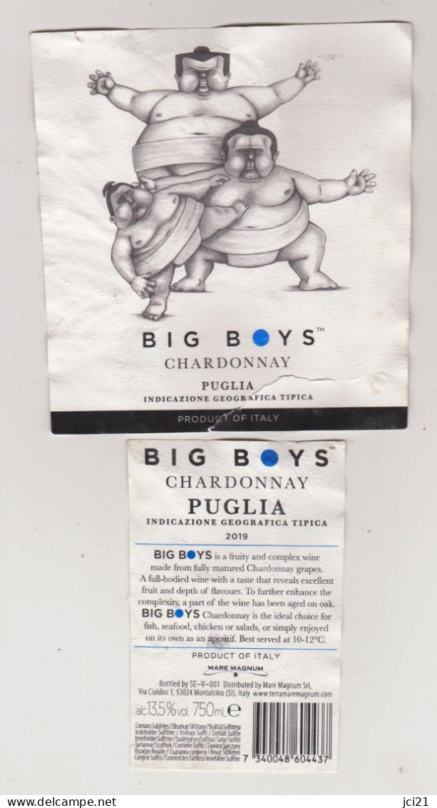 Étiquette Et Contre étiquette Bouteille De Vin Italien " BIG BOYS " Lutteurs Sumo (1923) _ev800 - Blancs