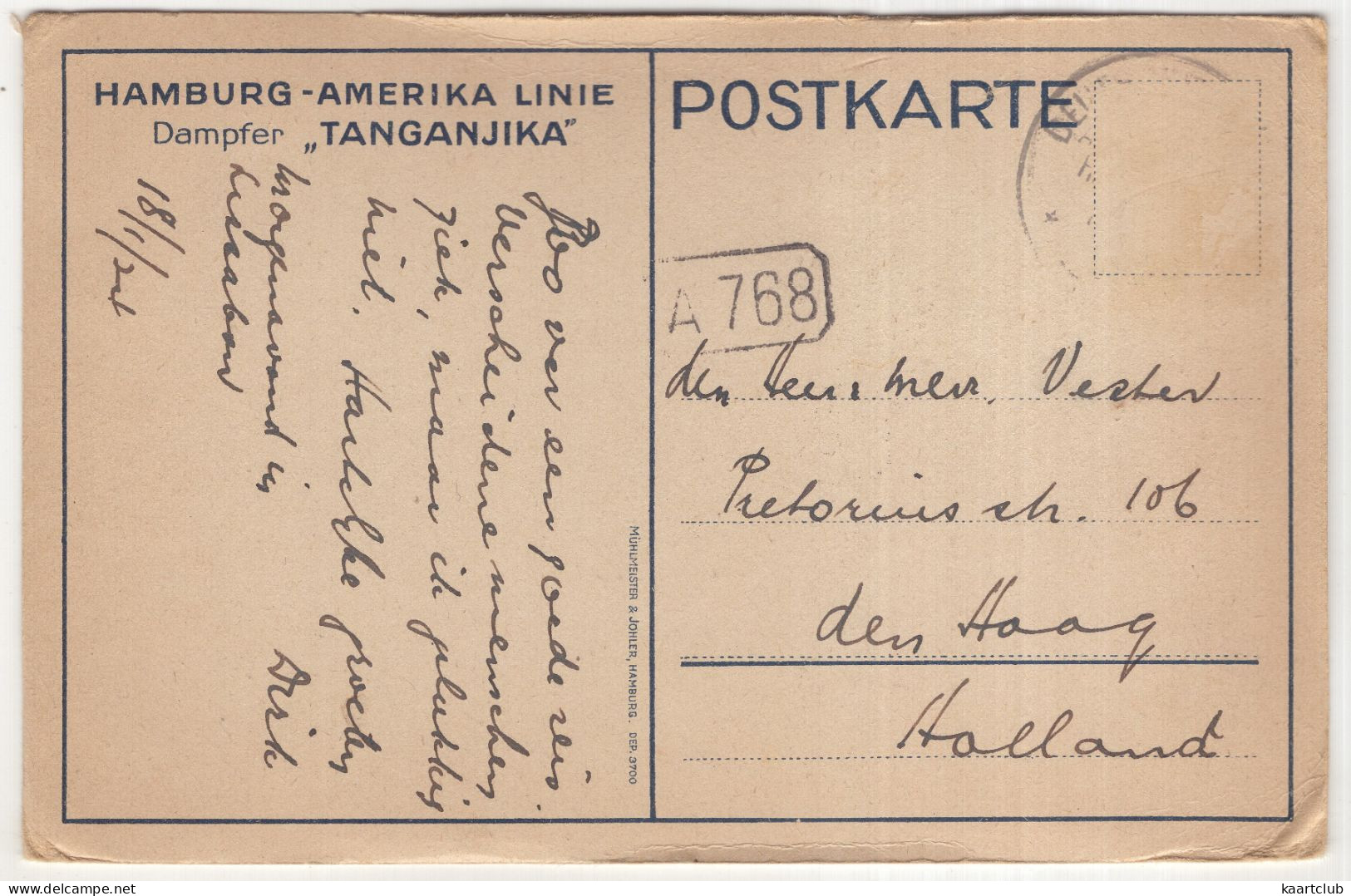 HAPAG: Dampfer 'D. Tanganjika' - Hamburg-Amerika Linie - (South-Africa) - 1924 - Mühlmeister & Johler, Hamburg - Paquebots